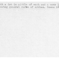 Index card with typed and handwritten information, sometimes including a sketch, of pottery from an excavation.