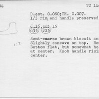 Index card with typed and handwritten information, sometimes including a sketch, of pottery from an excavation.