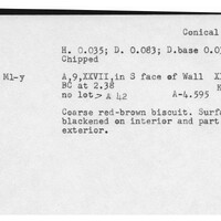 Index card with typed and handwritten information, sometimes including a sketch, of pottery from an excavation.