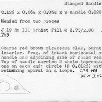 Index card with typed and handwritten information, sometimes including a sketch, of pottery from an excavation.