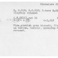 Index card with typed and handwritten information, sometimes including a sketch, of pottery from an excavation.