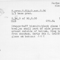 Index card with typed and handwritten information, sometimes including a sketch, of pottery from an excavation.