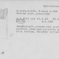Index card with typed and handwritten information, sometimes including a sketch, of pottery from an excavation.