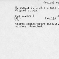 Index card with typed and handwritten information, sometimes including a sketch, of pottery from an excavation.