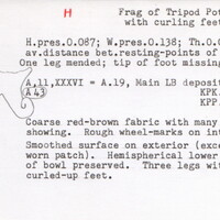 Index card with typed and handwritten information, sometimes including a sketch, of pottery from an excavation.