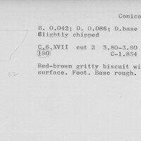 Index card with typed and handwritten information, sometimes including a sketch, of pottery from an excavation.