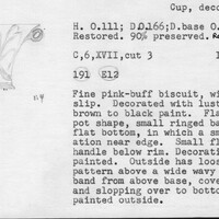 Index card with typed and handwritten information, sometimes including a sketch, of pottery from an excavation.