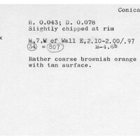 Index card with typed and handwritten information, sometimes including a sketch, of pottery from an excavation.