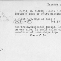 Index card with typed and handwritten information, sometimes including a sketch, of pottery from an excavation.