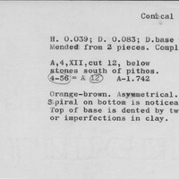 Index card with typed and handwritten information, sometimes including a sketch, of pottery from an excavation.