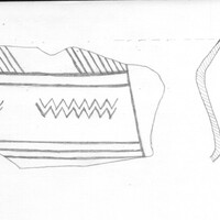 Index card with typed and handwritten information, sometimes including a sketch, of pottery from an excavation.