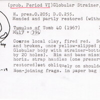 Index card with typed and handwritten information, sometimes including a sketch, of pottery from an excavation.