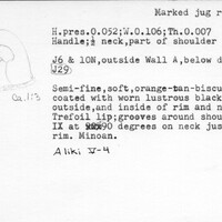 Index card with typed and handwritten information, sometimes including a sketch, of pottery from an excavation.