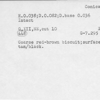 Index card with typed and handwritten information, sometimes including a sketch, of pottery from an excavation.