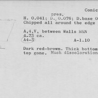 Index card with typed and handwritten information, sometimes including a sketch, of pottery from an excavation.