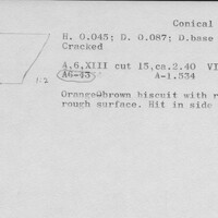 Index card with typed and handwritten information, sometimes including a sketch, of pottery from an excavation.