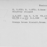 Index card with typed and handwritten information, sometimes including a sketch, of pottery from an excavation.