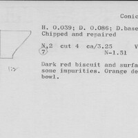 Index card with typed and handwritten information, sometimes including a sketch, of pottery from an excavation.