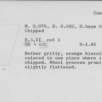 Index card with typed and handwritten information, sometimes including a sketch, of pottery from an excavation.