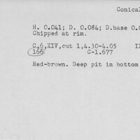 Index card with typed and handwritten information, sometimes including a sketch, of pottery from an excavation.