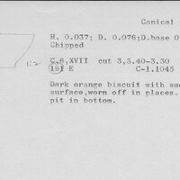 Index card with typed and handwritten information, sometimes including a sketch, of pottery from an excavation.
