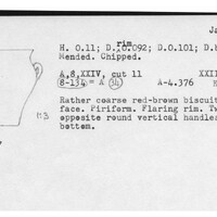 Index card with typed and handwritten information, sometimes including a sketch, of pottery from an excavation.