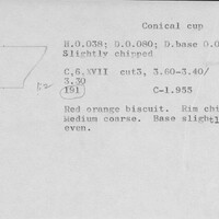 Index card with typed and handwritten information, sometimes including a sketch, of pottery from an excavation.