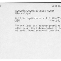 Index card with typed and handwritten information, sometimes including a sketch, of pottery from an excavation.