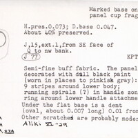 Index card with typed and handwritten information, sometimes including a sketch, of pottery from an excavation.