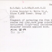 Index card with typed and handwritten information, sometimes including a sketch, of pottery from an excavation.