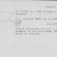 Index card with typed and handwritten information, sometimes including a sketch, of pottery from an excavation.