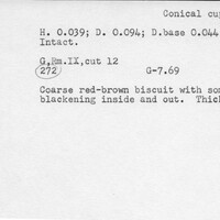 Index card with typed and handwritten information, sometimes including a sketch, of pottery from an excavation.