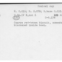 Index card with typed and handwritten information, sometimes including a sketch, of pottery from an excavation.