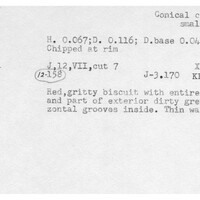 Index card with typed and handwritten information, sometimes including a sketch, of pottery from an excavation.