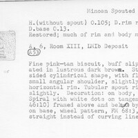 Index card with typed and handwritten information, sometimes including a sketch, of pottery from an excavation.