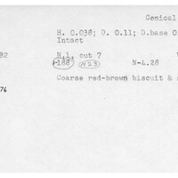 Index card with typed and handwritten information, sometimes including a sketch, of pottery from an excavation.