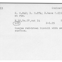 Index card with typed and handwritten information, sometimes including a sketch, of pottery from an excavation.