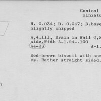 Index card with typed and handwritten information, sometimes including a sketch, of pottery from an excavation.