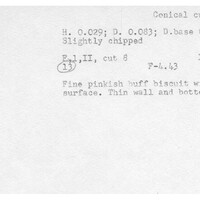 Index card with typed and handwritten information, sometimes including a sketch, of pottery from an excavation.