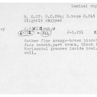 Index card with typed and handwritten information, sometimes including a sketch, of pottery from an excavation.