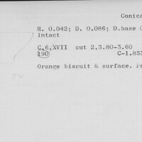 Index card with typed and handwritten information, sometimes including a sketch, of pottery from an excavation.