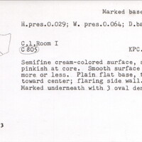 Index card with typed and handwritten information, sometimes including a sketch, of pottery from an excavation.