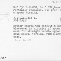 Index card with typed and handwritten information, sometimes including a sketch, of pottery from an excavation.
