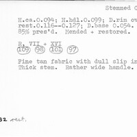 Index card with typed and handwritten information, sometimes including a sketch, of pottery from an excavation.