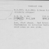 Index card with typed and handwritten information, sometimes including a sketch, of pottery from an excavation.
