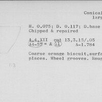Index card with typed and handwritten information, sometimes including a sketch, of pottery from an excavation.