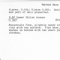 Index card with typed and handwritten information, sometimes including a sketch, of pottery from an excavation.