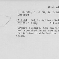 Index card with typed and handwritten information, sometimes including a sketch, of pottery from an excavation.