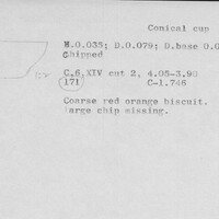 Index card with typed and handwritten information, sometimes including a sketch, of pottery from an excavation.