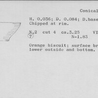 Index card with typed and handwritten information, sometimes including a sketch, of pottery from an excavation.